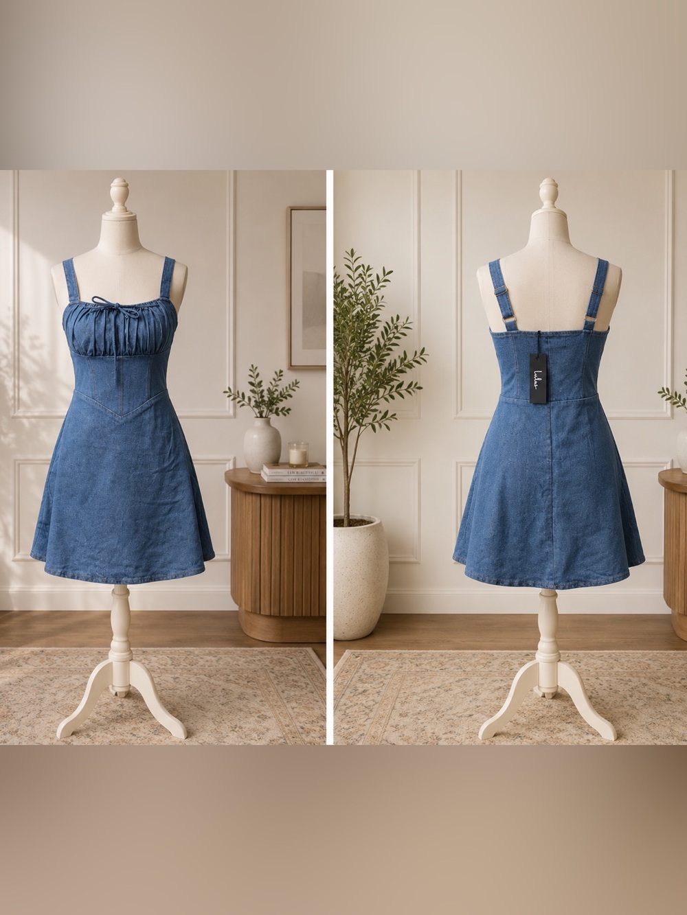 Lulu's Denim Blue Ruched Square-Neck Mini Dress